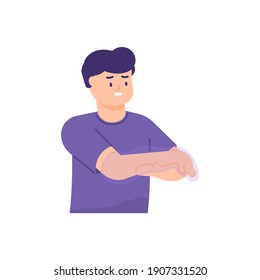 a man holds his hand because he feels tingling or paresthesia, weakness, numbness, like being pricked by a needle. the expressions on people's faces. flat style. vector design element