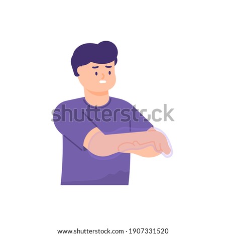 a man holds his hand because he feels tingling or paresthesia, weakness, numbness, like being pricked by a needle. the expressions on people's faces. flat style. vector design element