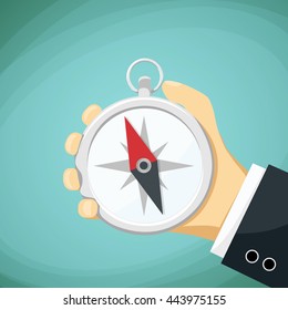 Man holds in his hand a compass. Stock Vector cartoon illustration.