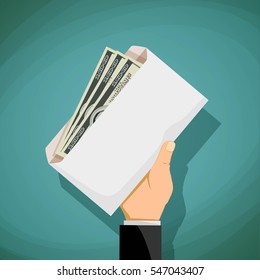 Man holds in his hand an envelope with money. Bribery and corruption. Stock vector illustration.