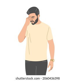 The man holds his hand on the bridge of his nose. Trying to remember important things. Flat vector illustration.