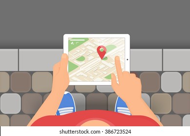 Man holds in his hand a tablet pc with mobile application for gps navigation. Illustration of traveling and finding locations using mobile gadgets