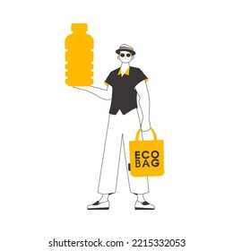 A man holds in his hands an eco bag and a bottle made of biodegradable plastic. The concept of ecological products. Linear trendy style.