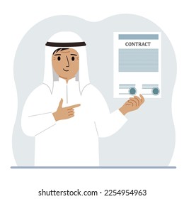 A man holds in his hands a finished sample of a contract with seals.