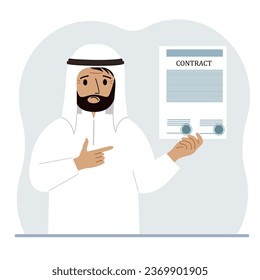 A man holds in his hands a finished sample of a contract with seals.