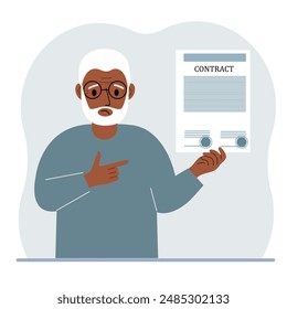 A man holds in his hands a finished sample of a contract with seals. Vector flat illustration