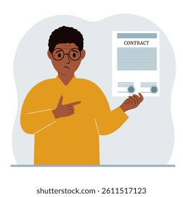 A man holds in his hands a finished sample of a contract with seals. Vector flat illustration