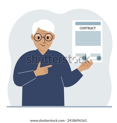 A man holds in his hands a finished sample of a contract with seals.
