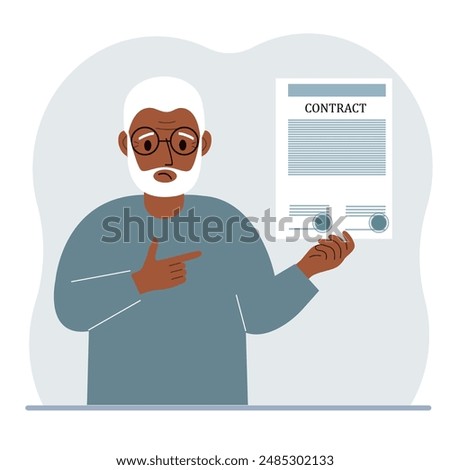A man holds in his hands a finished sample of a contract with seals. Vector flat illustration