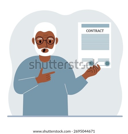 A man holds in his hands a finished sample of a contract with seals. Vector flat illustration
