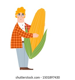 A man holds in his hands a huge corn. Corn on the cob. American farmer character. Harvest Festival. Healthy vegetarian food. For print on clothes. Website design or banner.