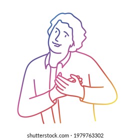 Man holds his hands on his chest, expressing gratitude. Graphic design from colored lines.