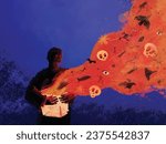 A man holds in his hands an open box from which comes flame, destruction, murder. Metaphor of Pandora's box, world evil, war, genocide, terrorism.