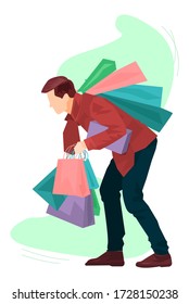 Man Holds In His Hands A Lot Of Packages And Boxes After Shopping vector illustration from shopping collection. Flat cartoon illustration