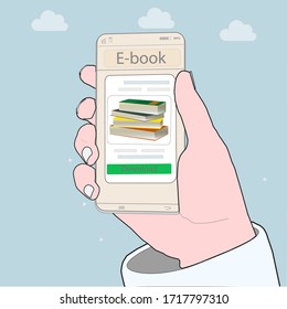 A man holds in his hands a smartphone with an application and an open site with books online. It symbolizes reading and buying textual works of authors, receiving information without leaving home.