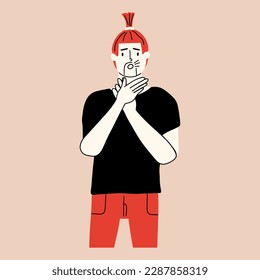 The man holds his hands to his throat. Symptom of panic attack, asthma. The person is out of breath. Vector illustration in hand drawn style