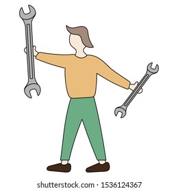 A man holds in his hands two wrenches of different sizes