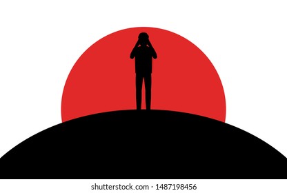A man holds his head with both hands, a guy stands on a hill, sunset, silhouette art image, vector illustration isolated on white background