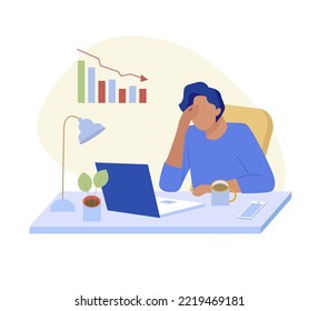 Man holds his head in front of laptop. Depressed Male character sitting at the table in the office. Tired sick man. Emotional burnout, deadline on fire, stress. Cartoon flat vector illustration