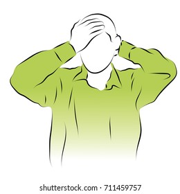 A man holds his head with his hands. Colored vector illustration of a pain in the head, migraine, stroke, influenza, pressure.