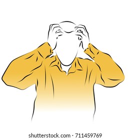 A man holds his head with his hands. Colored vector illustration of a pain in the head, migraine, stroke, influenza, pressure.