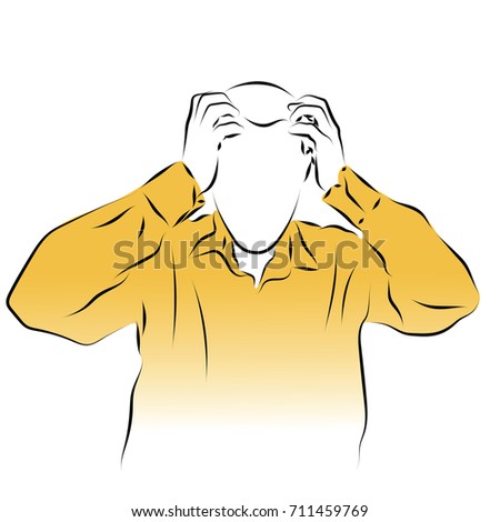 A man holds his head with his hands. Colored vector illustration of a pain in the head, migraine, stroke, influenza, pressure.