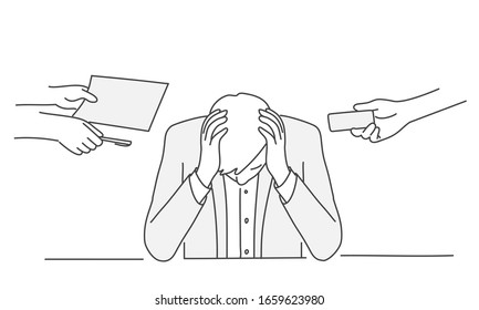 Man holds his head. Tiredness concept. Hand drawn vector illustration.