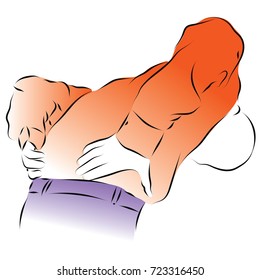 a man holds his lower back, the spine, the kidneys, the intestine, lumbar. Colored vector illustration on back pain, medicine, trauma.