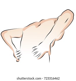 a man holds his lower back, the spine, the kidneys, the intestine, lumbar. Colored vector illustration on back pain, medicine, trauma.