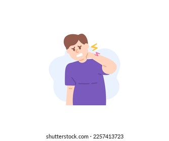 a man holds his neck because he feels pain. The neck is stiff, painful, and feels sore like an electric shock. Symptoms of muscle injury disease and arthritis. problems and health. character