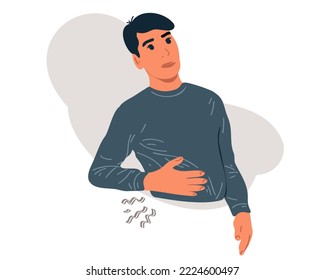 A man holds his right side with his hands, suffering from pain in the internal organs. Disease of the liver, stomach. Flat vector illustration