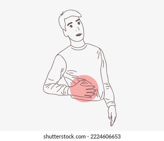 A man holds his right side with his hands, suffering from pain in the internal organs. Disease of the liver, stomach. Doodle vector illustration