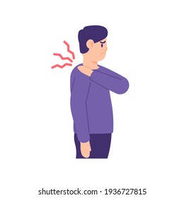 a man holds his shoulder because he feels pain in the shoulder. shoulder disease, muscle pain, shoulder injury. the expression on the face of the person who was enduring the pain. flat style. vector