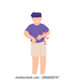 a man holds his stomach because he feels stomach pain after eating. effects of satiety, eating too much, flatulence. expression of a person in pain. flat style. vector design element