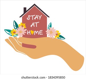 
Man holds house in his hand. Stay at home lettering. Isolate on white background. Ncov 2019 coronavirus pandemic 
quarantine. Cartoon style