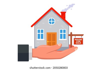 a man holds a house in his palm. Property For Sale. flat vector illustration.