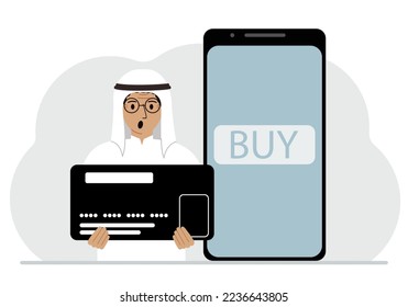 A man holds a huge credit card next to a smartphone with a Buy button on the screen. The concept of online payments with payment via mobile phone. Vector flat illustration