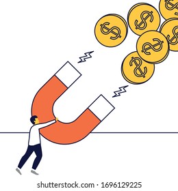 Man holds huge magnet attracting money. Business concept of investment. and crowdfunding.