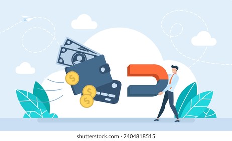 Man Holds Huge Magnet Attracting Money. Business man holding a big magnet. Start Earn Money. Motivation. Success, Profit, Investment in SMM.  Investment attraction concept. Vector illustration.