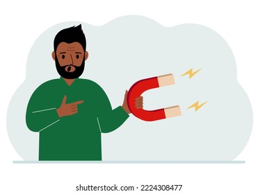 A man holds a huge magnet in his hand, attracts new customers, money and ideas. Inbound business marketing technologies, lead generation concept. Vector flat illustration