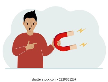 A man holds a huge magnet in his hand, attracts new customers, money and ideas. Inbound business marketing technologies, lead generation concept. Vector flat illustration