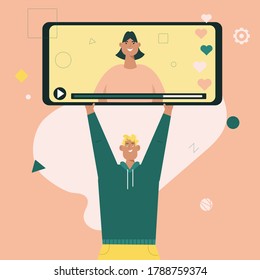 Man holds huge smartphone with video. Female teacher in online lesson, webinar. Young girl blogger on gadget screen. Vector character illustration of distance learning, video channel, content creation