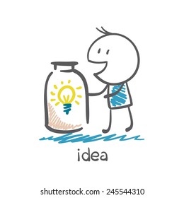 man holds the idea-bulb in a glass jar illustration