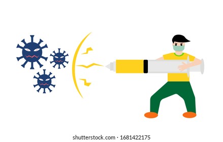 A man holds an injection, combating the corona virus with the corona vaccine.Vector Illustration.