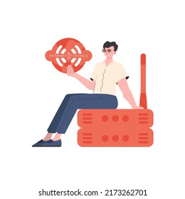 A man holds an internet thing icon in his hands. Router and server. IOT and automation concept. Isolated. Trendy flat style. Vector.