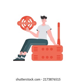 A man holds an internet thing icon in his hands. Router and server. Internet of things and automation concept. Isolated. Vector illustration in trendy flat style.