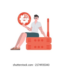 Un hombre tiene en sus manos un ícono de Internet. Enrutador y servidor. concepto de IOT y automatización. Aislado. Ilustración vectorial en estilo plano de moda.