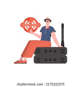A man holds an internet thing icon in his hands. Router and server. Internet of things and automation concept. Isolated. Vector illustration in flat style.