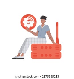 A man holds an internet thing icon in his hands. Router and server. Internet of things and automation concept. Isolated. Vector illustration.