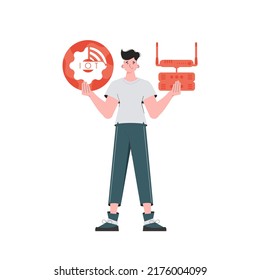 A man holds an internet thing icon in his hands. Router and server. Internet of things concept. Isolated. Trendy flat style. Vector.